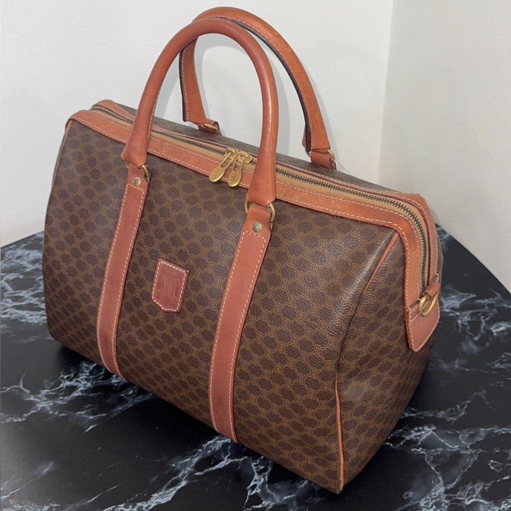 CELINE MACADAM PATTERN BOSTON BAG BROWN PVC GOLD w/ KEY LOCK AUTHENTIC - Picture 2 of 15